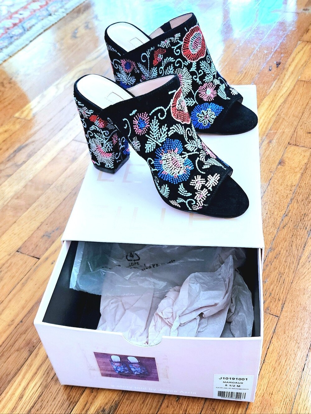 Avec Les Filles-Embroidered Black Floral Open-Toe Mule 3 3/4" Heel New In Box